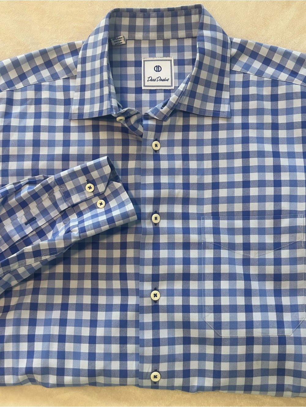 David Donahue Dress Shirt Mens Large Blue White Gingham Check Long Sleeve Button
